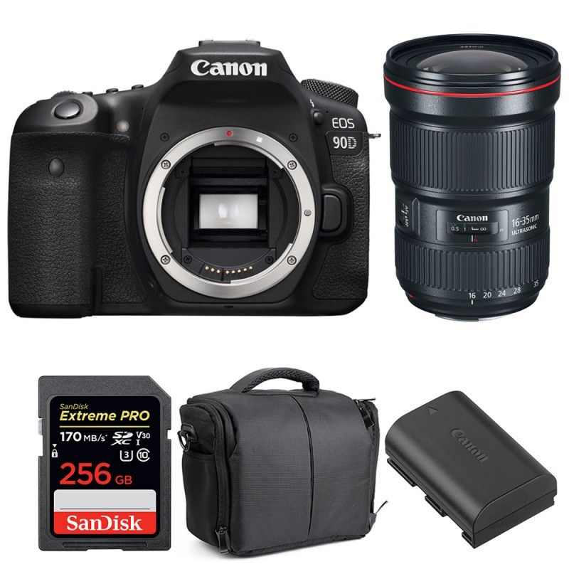 Canon EOS 90D + EF 16-35mm f/2.8L III USM + SanDisk 256GB UHS-I SDXC 170 MB/s + LP-E6N + Sac | Garantie 2 ans