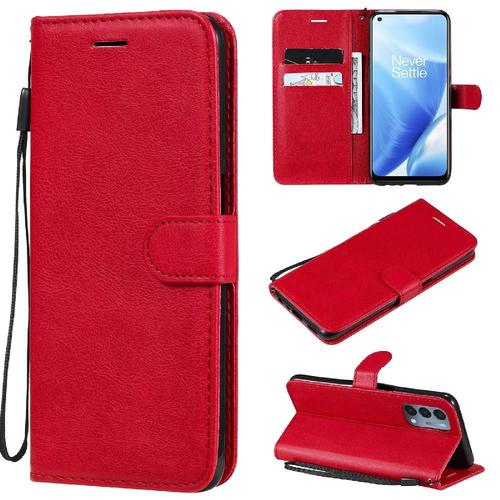 Flip Étui Pour Oneplus Nord N200 5g Cuir De Haute Qualité Couleur Solide Classique Avec Fente Pour Carte Étui De Téléphone Portefeuille D'affaires - Rouge