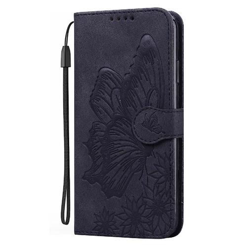 Étui Pour Samsung Galaxy A20/A30 Étui De Téléphone À Bastier Avec Support De Fente Pour Carte Bicelle De Protection Portefeuille En Cuir Grand Papillon - Noir