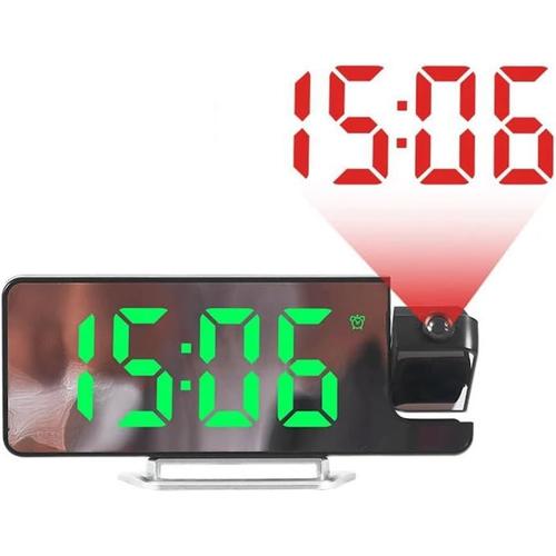 Horloge à projection numérique LED avec miroir rotatif à 180° Grand écran Date Heure Température Réveil électronique pour chambre à coucher Durable Facile à utiliser -A