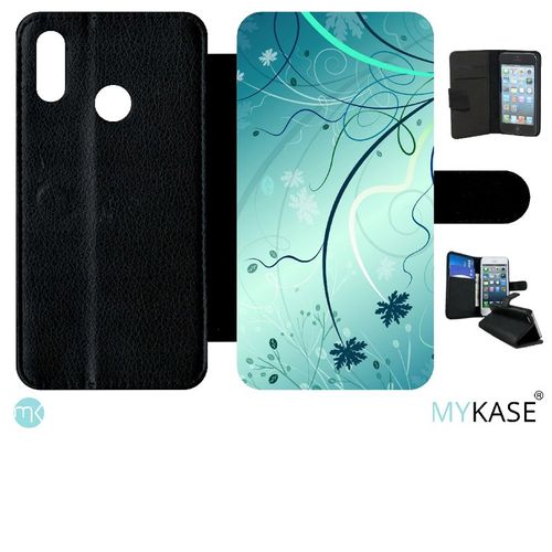 Etui À Rabat Huawei P Smart 2019 - Abstrait Turquoise Fleur - Simili-Cuir - Noir