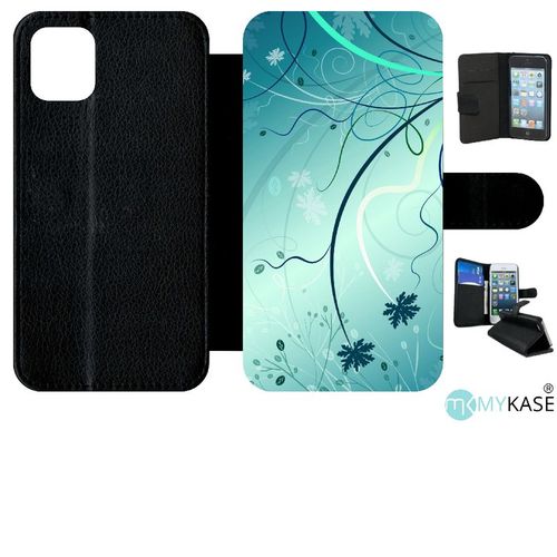 Etui À Rabat Iphone 11 - Abstrait Turquoise Fleur - Simili-Cuir - Noir
