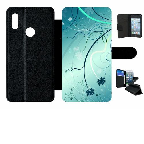 Etui À Rabat Huawei Y6 2019 - Abstrait Turquoise Fleur - Simili-Cuir - Noir