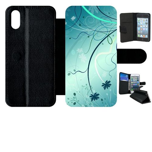 Etui À Rabat Iphone X - Abstrait Turquoise Fleur - Simili-Cuir - Noir