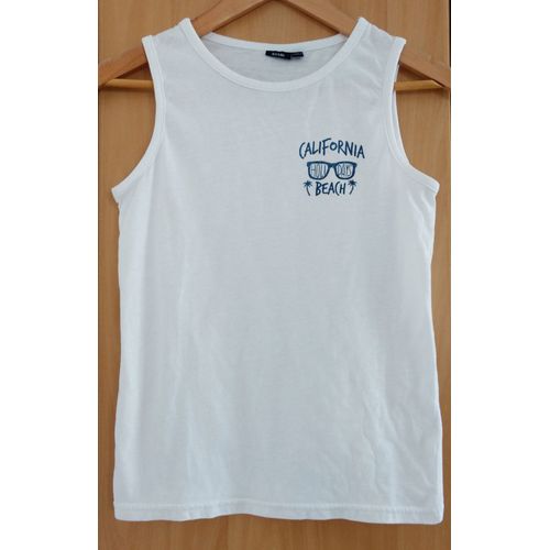 Débardeur Blanc. California Holidays Beach. Palmiers. Lunettes. Kiabi. Coton. Taille 12 Ans