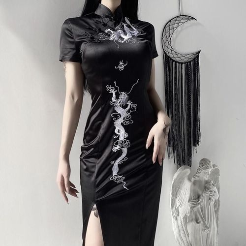Expédié De Paris - Robe Traditionnelle Noir Broderie Dragon Cheongsam