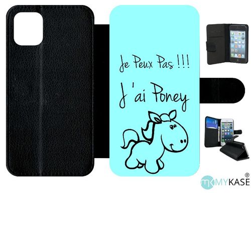 Etui A Rabat - Citation Poney Turquoise - Compatible Avec Apple Iphone 11 - Simili-Cuir - Bord Noir