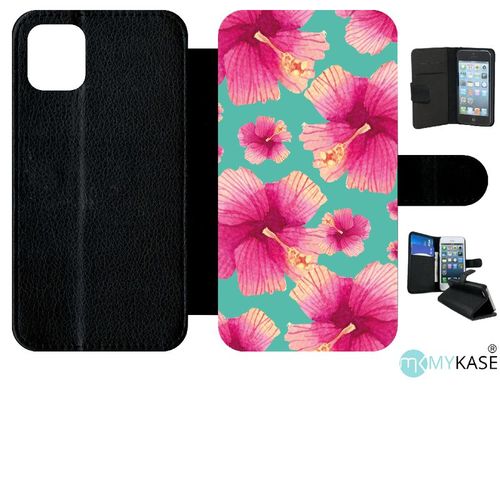 Etui A Rabat - Hibiscus Fond Turquoise - Compatible Avec Apple Iphone 11 - Simili-Cuir - Bord Noir