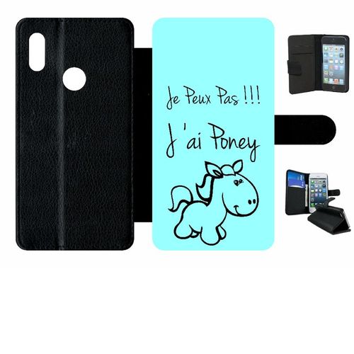 Etui A Rabat - Citation Poney Turquoise - Compatible Avec Huawei Y6 2019 - Simili-Cuir - Bord Noir