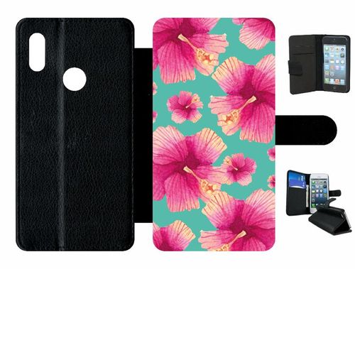 Etui A Rabat - Hibiscus Fond Turquoise - Compatible Avec Huawei Y6 2019 - Simili-Cuir - Bord Noir