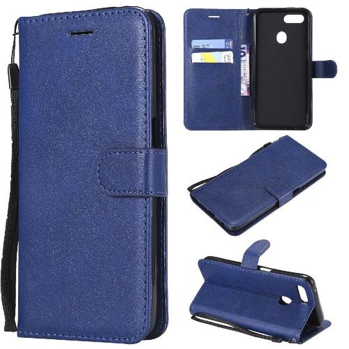 Flip Étui Pour Oppo F9 Avec Fente Pour Carte Couleur Solide Classique Étui De Téléphone Portefeuille D'affaires Cuir De Haute Qualité - Bleu