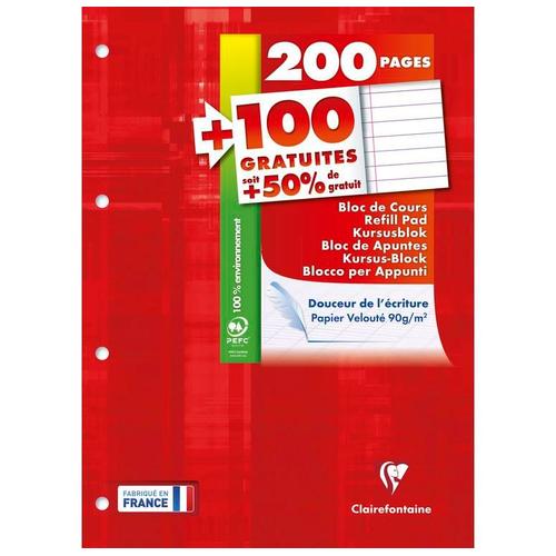 Clairefontaine Bloc De Cours 21x29,7cm 200+100p Gratuites 90g L+M Perfo.4t