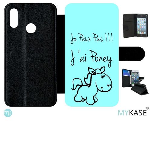 Etui A Rabat - Citation Poney Turquoise - Compatible Avec Huawei P Smart 2019 - Simili-Cuir - Bord Noir