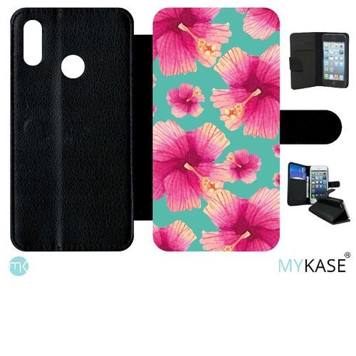 Etui A Rabat - Hibiscus Fond Turquoise - Compatible Avec Huawei P Smart 2019 - Simili-Cuir - Bord Noir