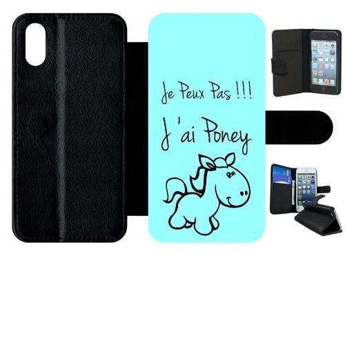 Etui A Rabat - Citation Poney Turquoise - Compatible Avec Apple Iphone X - Simili-Cuir - Bord Noir
