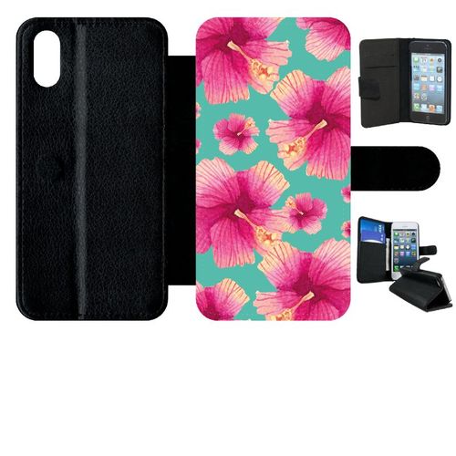 Etui A Rabat - Hibiscus Fond Turquoise - Compatible Avec Apple Iphone X - Simili-Cuir - Bord Noir