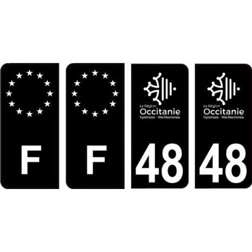 48 Lozère Logo Noir Autocollant Plaque Immatriculation Auto Sticker Lot De 4 Stickers - Couleur : Arrondis - Angles : Arrondis