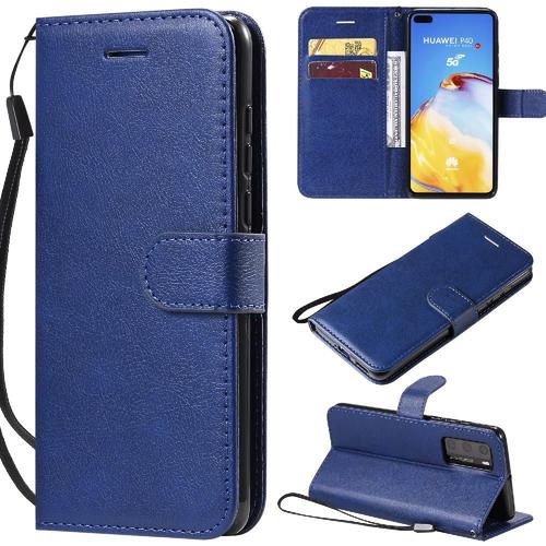 Flip Étui Pour Huawei P40 Couleur Solide Classique Avec Fente Pour Carte Étui De Téléphone Portefeuille D'affaires Cuir De Haute Qualité - Bleu