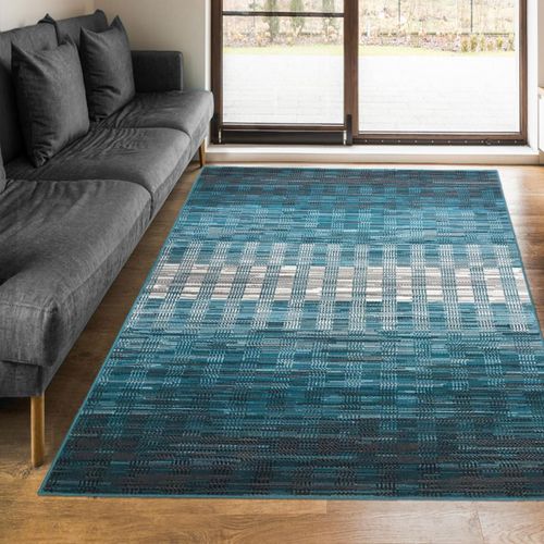 Tapis Entrée 80x150 Tissé Bleu Et Blanc Rectangle Motif Géométrique Lyn1 Geoflou