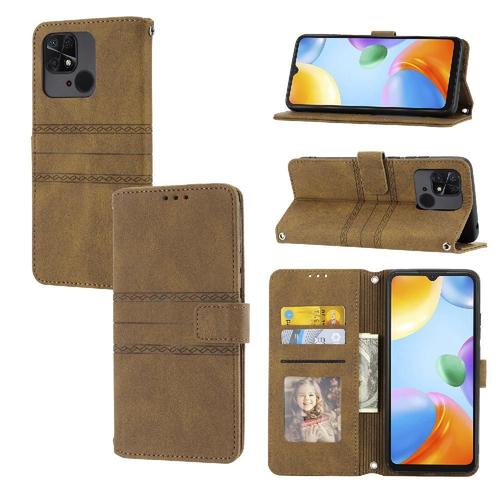 Tongez Étui Pour Xiaomi Redmi 10c Fermeture Magnétique Bicelle Cuir Pu Étui Portefeuille Protection Antichoc - Le Brun