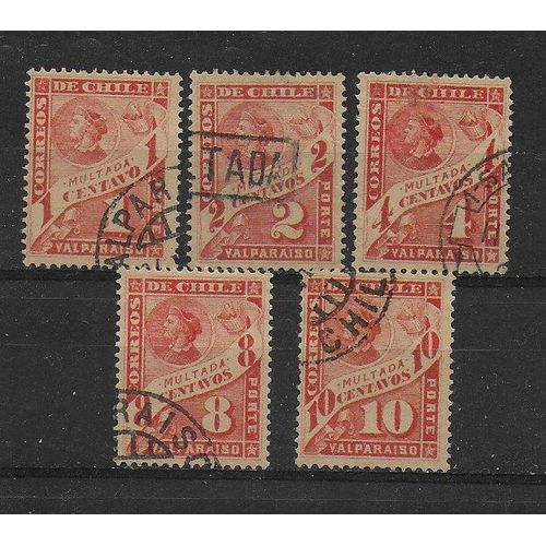 Chili 1895 : Christophe Colomb - Série De 5 Timbres Fiscaux Oblitérés (Tous Différents) Cote 21 