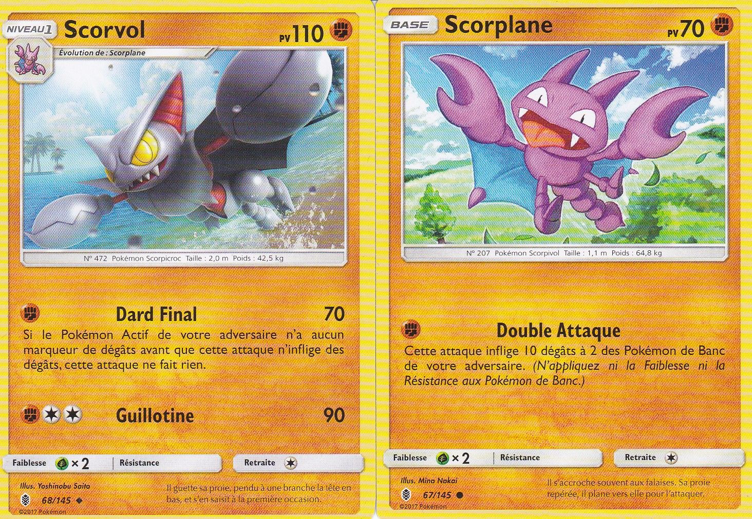 2 Cartes Pokemon - Scorvol 68/145 Et Scorplane 67/145 - Soleil Et Lune 2 Gardiens Ascendants - Française