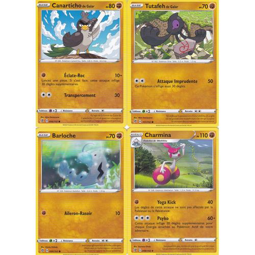 4 Cartes Pokemon - Canarticho De Galar 094/192 - Tutafeh De Galar 101/192 - Charmina 098/192 - Barloche 099/192 - Épée Et Bouclier 2 Clash Des Rebelles -