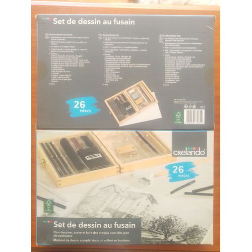 Coffret Bois Set De Dessin Au Fusain 26 Pièces Crelando