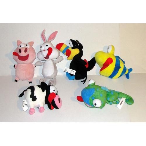 Mascotte Intermarché Les P'tits Prods Collection Complete Des Animaux Cochon Vache Lapin Toucan Poisson Et Un Cameleon Lot De 6 Doudou Peluche Tcc Global De 21cm A 8cm