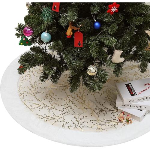 Jupe de Sapin de Noël en Velours, Couvre-Pied de Sapin 120 cm, Tapis de Sapin avec Motif Estampé avec Fleurs et Branches pour Noël Decoration Sapin Fête de Noël Décoration - Beige + Blanc