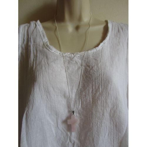 Collier Plaqué Argent Avec Croix En Quartz Rose