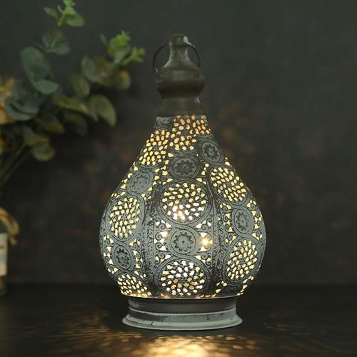 Lampe de Table de Chevet Marocaine 30cm Lanterne Electrique Vintage Abat-jour Marocain Oriental en pour Courtyard au jardin Intérieur Extérieur à Coucher Salon Maison (Métal Gris)