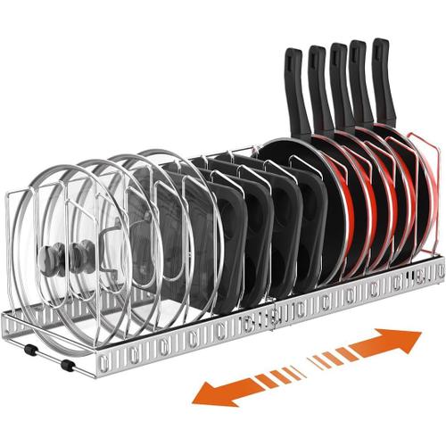 Range Couvercle, Amélioré Extensible Rangement Poele Et Casserole Avec 14 Compartiments Réglables, Porte Casseroles Rangement Couvercle Casserole Pour Tiroir Cuisine, Argent