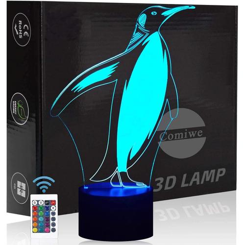 Manchot 3d Illusion Veilleuse Jouets,Décor De Maison Led Lampe De Chevet Table,Tactile & Télécommander 16 Couleurs,Cadeau D'anniversaire De Noël Pour Filles Garçons Enfants Amis Et Famille