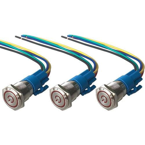 3Pcs Premium 12V / 24V 5A Interrupteur à Bouton-Poussoir Auto-Bloquant, Commutateur Bouton-Poussoir 16mm, Rouge LED Interrupteur Etanche IP67 avec Fil de Prise de Courant