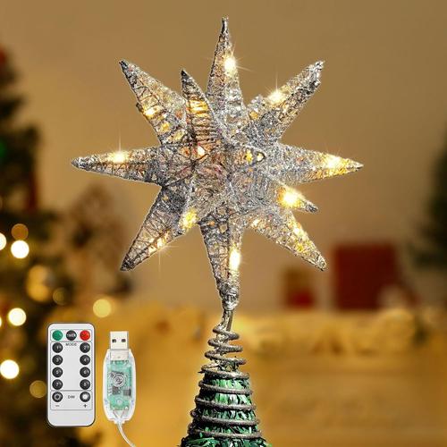 Etoile Sapin de Noel Treetop, Cimier de Sapin de Noël Lampe LED, Arbre Noël Étoile Morave Treetop Scintillant en Fer, Deco Noel Interieur pour Fête, Maison, Chambre, Bureau - Argent