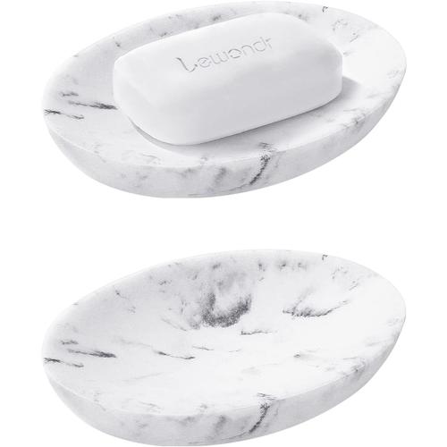 Porte-Savon en Résine et Gravier, [13,5x9,7x2,3cm] 2PCS Plateau à Savon avec Texture Marbre Ovale, Porte-Savon Multifonctionnel pour Salle de Bain Cuisine Chambre Salon - Blanc