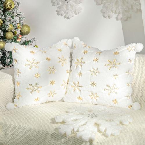 2 PCS Taies d'Oreiller, Housse d'Oreiller Double Face en Fausse Fourrure, Housse de Coussin avec Broderie Flocon de Neige à Paillette et Boule en Peluche pour Maison Canapé Lit, 45x45cm, Blanc