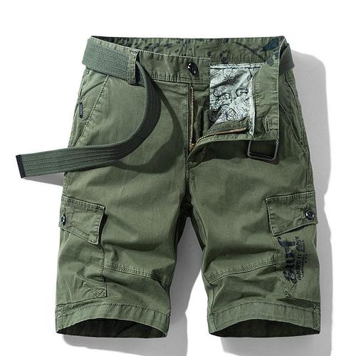 Multi-Poches Short Cargo Homme Coupe Droite Short Ete Coton Couleur Unie