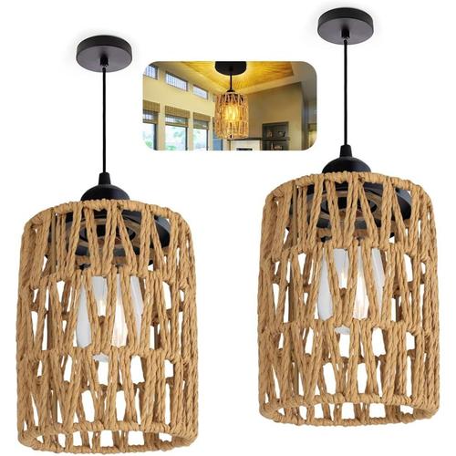 Lot De 2 Abat-Jour En Rotin - Style Bohème - E12 - E14 - Petit Abat-Jour En Rotin - Accessoire Pour Lampe De Table - Plafonnier Pour Salle À Manger, Salon, Café