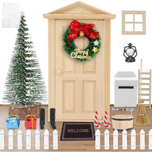 Lot de 19 accessoires de porte de lutin miniature pour porte de Noël, fenêtre, clôture, arbre de Noël, tapis, lanterne, boîte aux lettres, couronne, bottes