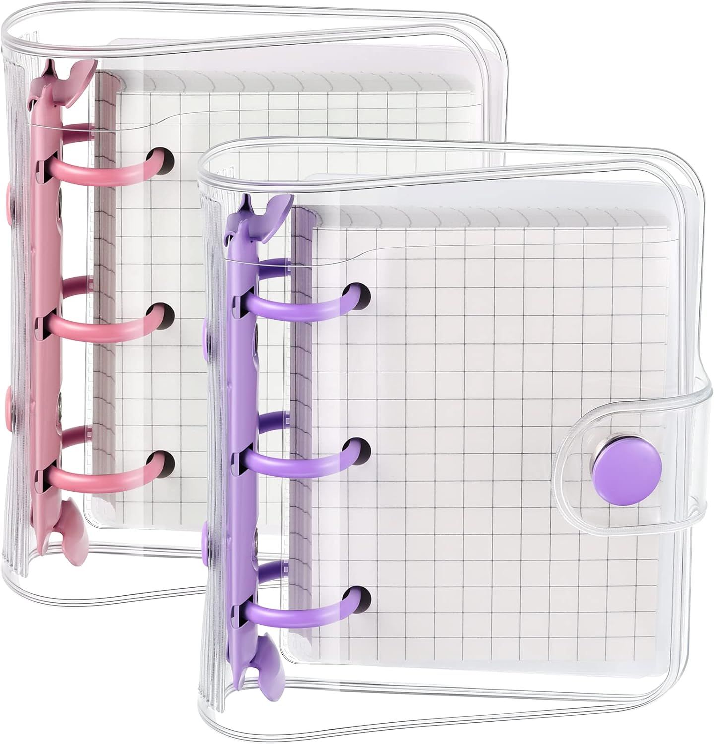 2 Sets Couvertures De Carnet À 3 Anneaux Transparentes Avec Papier Intérieur Classeur À Anneaux Kawaii Rond Mini Cahier En Pvc Souple À Feuilles Mobiles Avec Bouton-Pression (Rose, Violet)