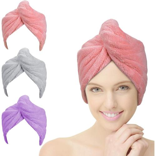 3pcs Séchage Serviettes, Super Absorbant en Microfibre Serviette pour Cheveux Turban avec Bouton de Design Secs Rapidement pour Femmes (Rose, Violet, Gris)