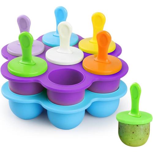 2 Piècemoules À Popsicle En Silicone À 7 Trous Réutilisable Diy Frozen Moules À Glaces, Récipient De Stockage De Nourriture Pour Bébé- Sans Bpa- Bâtonnets Colorés 18 Pièce Inclus (Violet+Bleu)