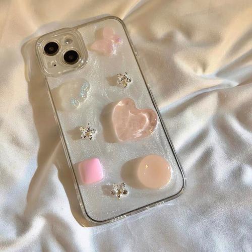 Convient Pour Iphone14pro Coque De T¿¿L¿¿Phone Portable Tout Compris Anti-Chute Amour Papillon ¿¿Toile ¿¿ Cinq Branches Strass