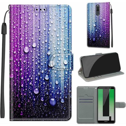 Coque Compatible Avec Huawei Mate 10 Lite/Honor 9i, Stockage De Carte [Fonction Stand] Anti-Rayures Pu Case, Cuir Premium Flip Case Etui Mode Rétro - Goutte D'eau Bleu Violet