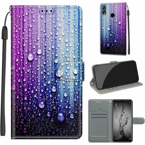 Coque Compatible Avec Huawei Honor 10 Lite, Stockage De Carte [Fonction Stand] Antichoc Et Anti-Rayures Pu Case, Cuir Premium Flip Case Etui Mode Rétro - Goutte D'eau Bleu Violet