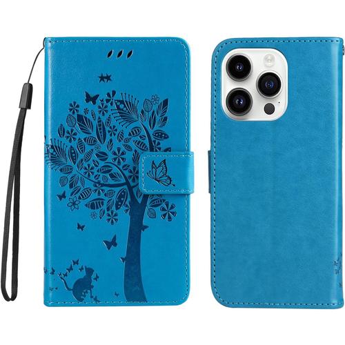 Coque Compatible Avec Iphone 15 Pro - Cuir Pu Flip Étui/Portefeuille Case Cover Housse Tpu Silicone - Arbre Et Chat - Bleu