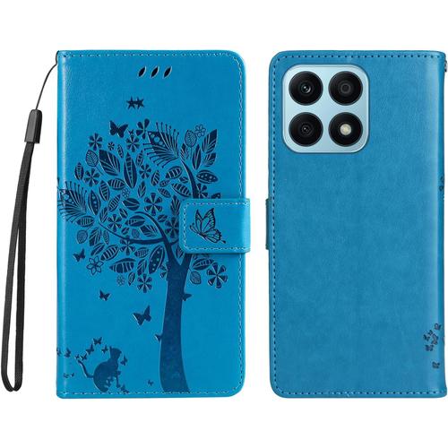 Coque Compatible Avec Huawei Honor X8a - Cuir Pu Flip Étui/Portefeuille Case Cover Housse Tpu Silicone - Arbre Et Chat - Bleu