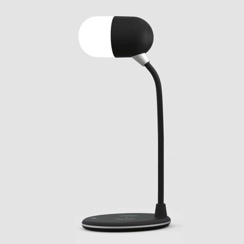 Lampe de bureau 3 en 1 avec chargeur sans fil Qi, haut-parleur Bluetooth 5 W, USB, lumière de chevet à intensité variable (Noir)